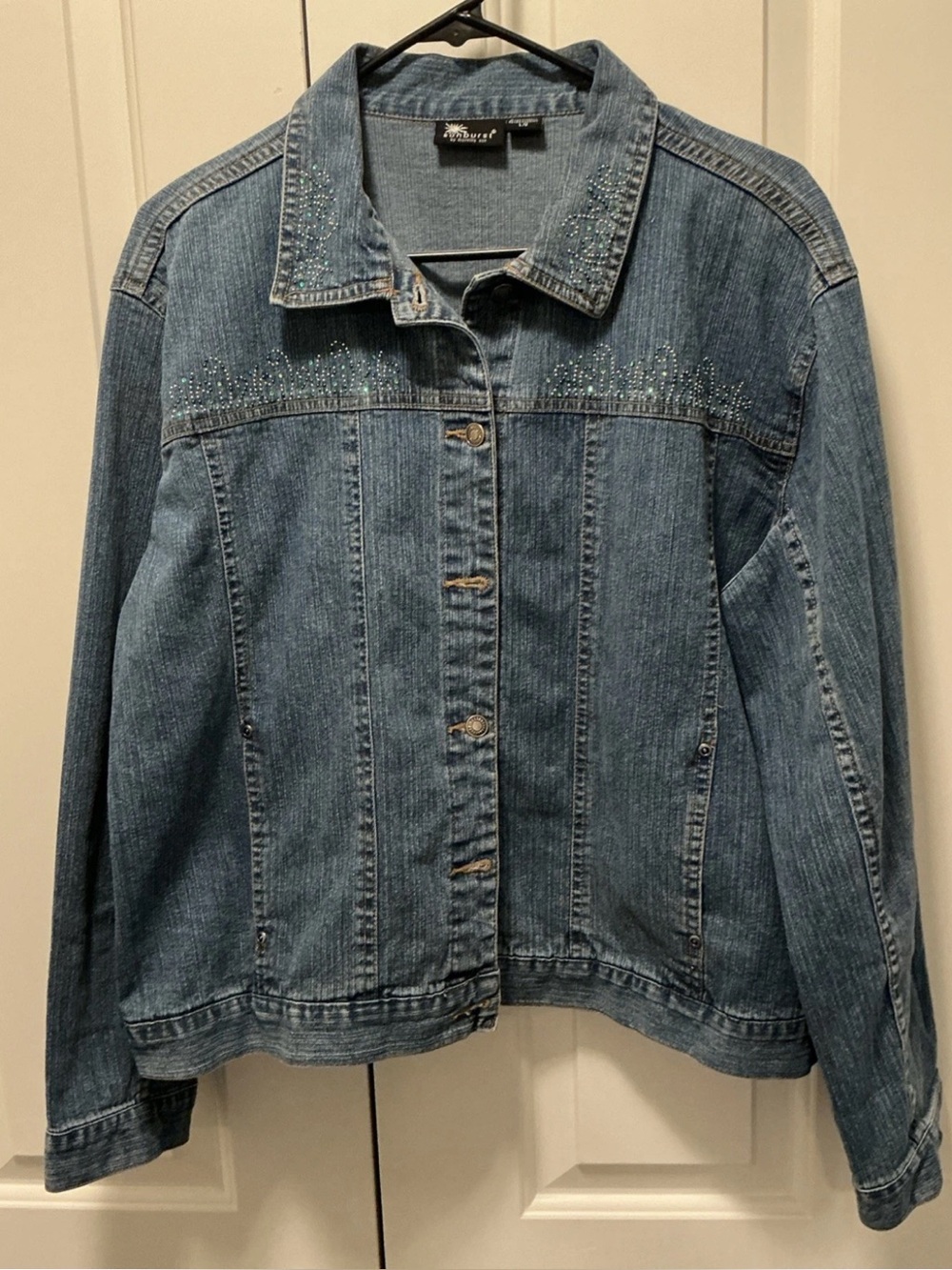 Sunburst by Morning Sun Jean Jacket Embellishment/Rhinestone Palm Tree L EUC